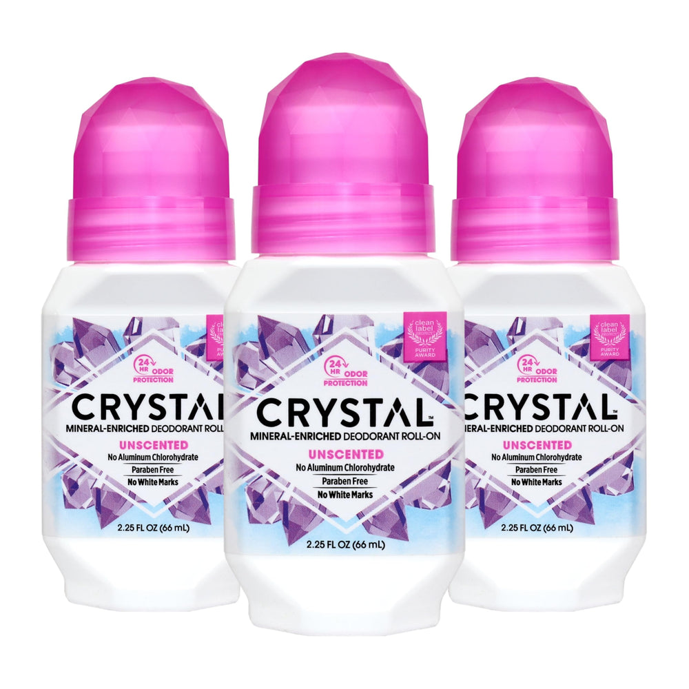Crystal Essence CRYSTAL deodorant roller unscented 3-pack packaging view shows fragrance-free design