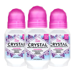 Crystal Essence CRYSTAL deodorant roller unscented 3-pack packaging view shows fragrance-free design