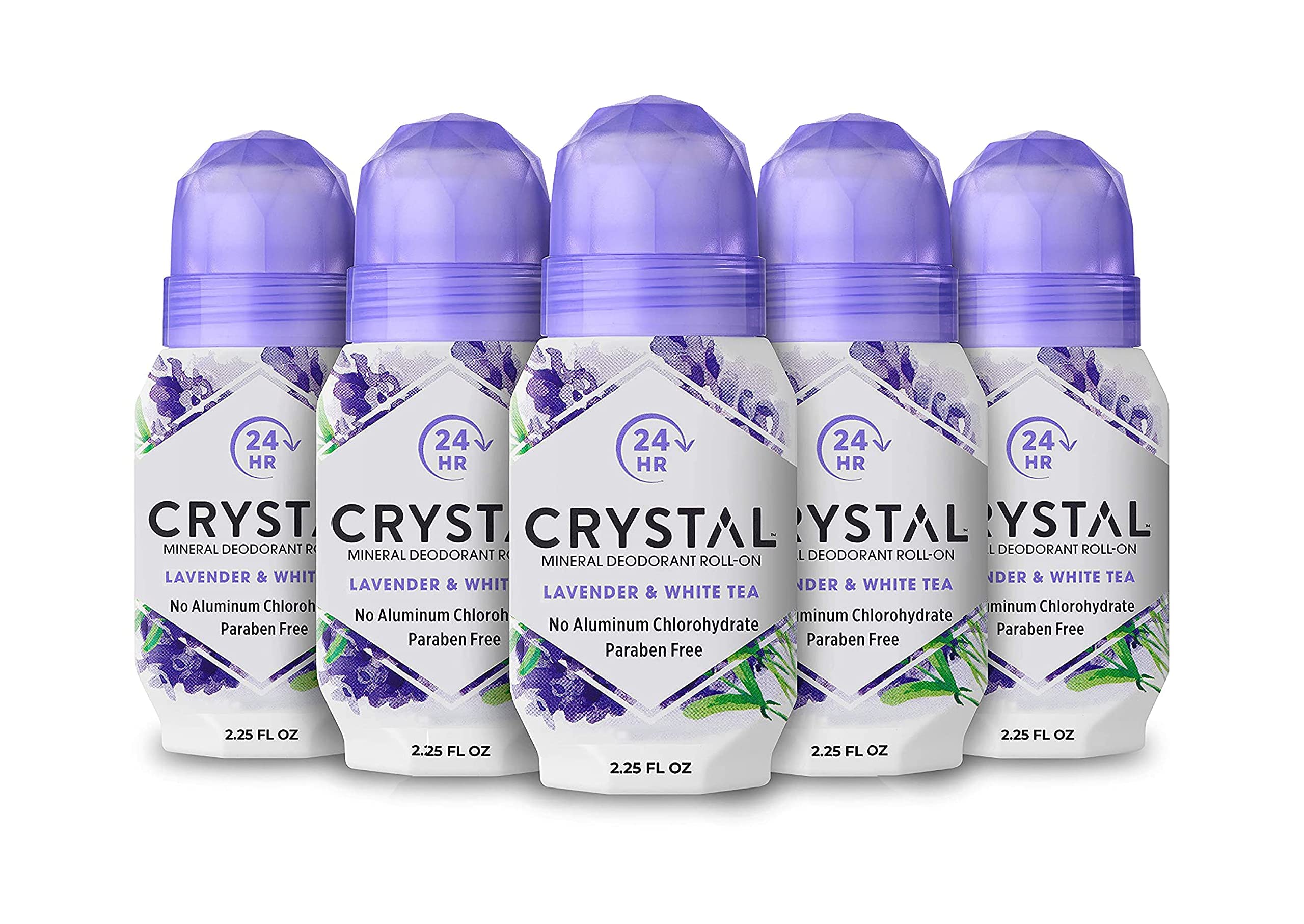 Crystal Essence CRYSTAL deodorant roll-on bottle shows mineral barrier for odor control.