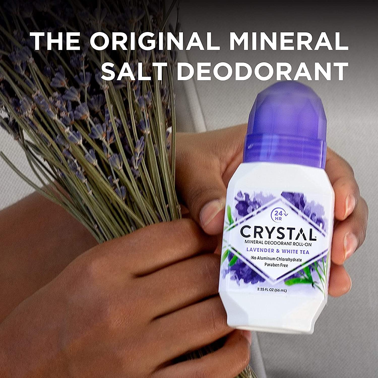 Crystal Essence CRYSTAL lavender-white-tea bottle communicates natural mineral actives and gentleness.