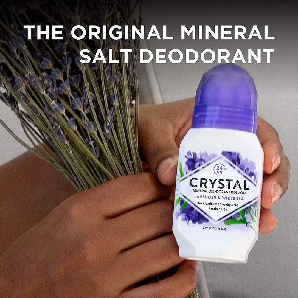 Crystal Essence CRYSTAL lavender-white-tea bottle communicates natural mineral actives and gentleness.