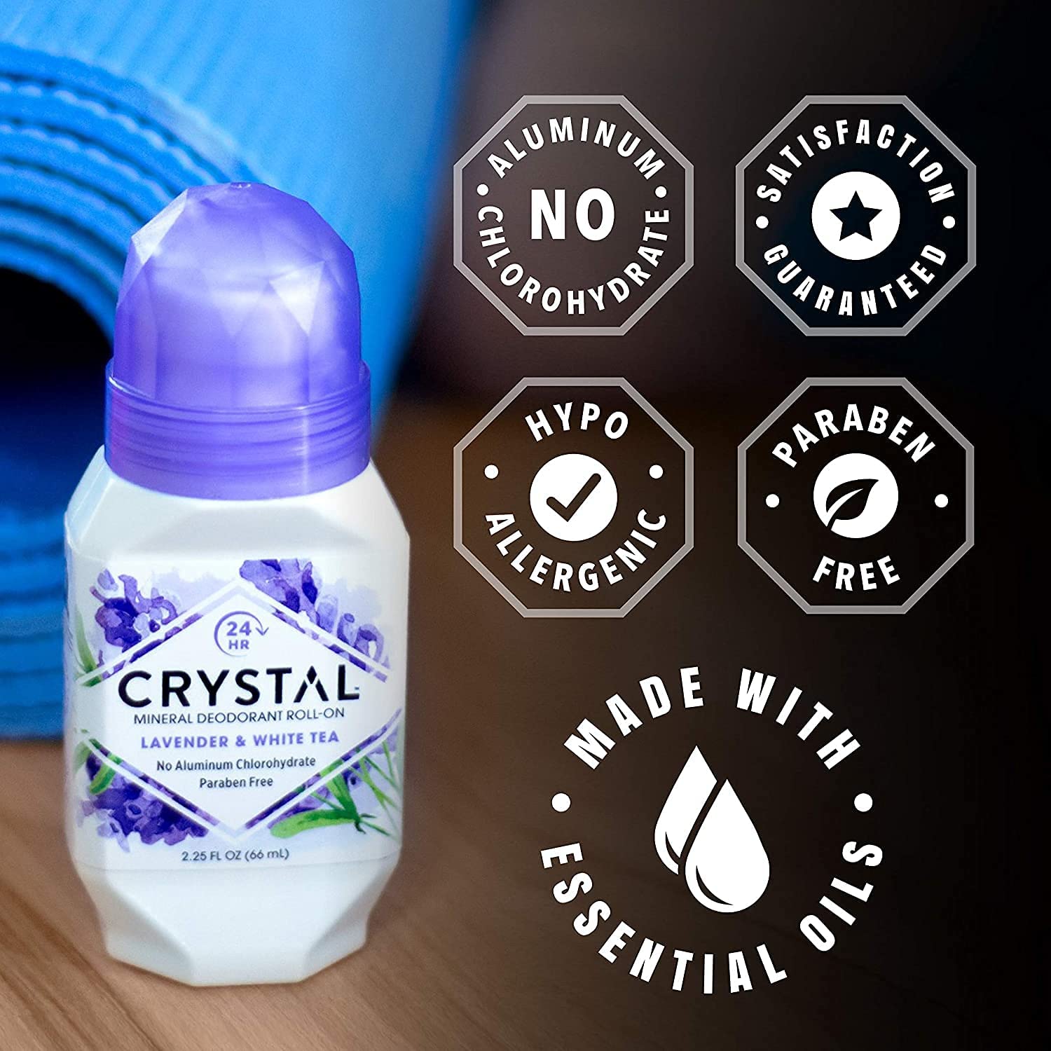 Crystal Essence CRYSTAL roll-on texture indicates smooth glide and skin-friendly formula.