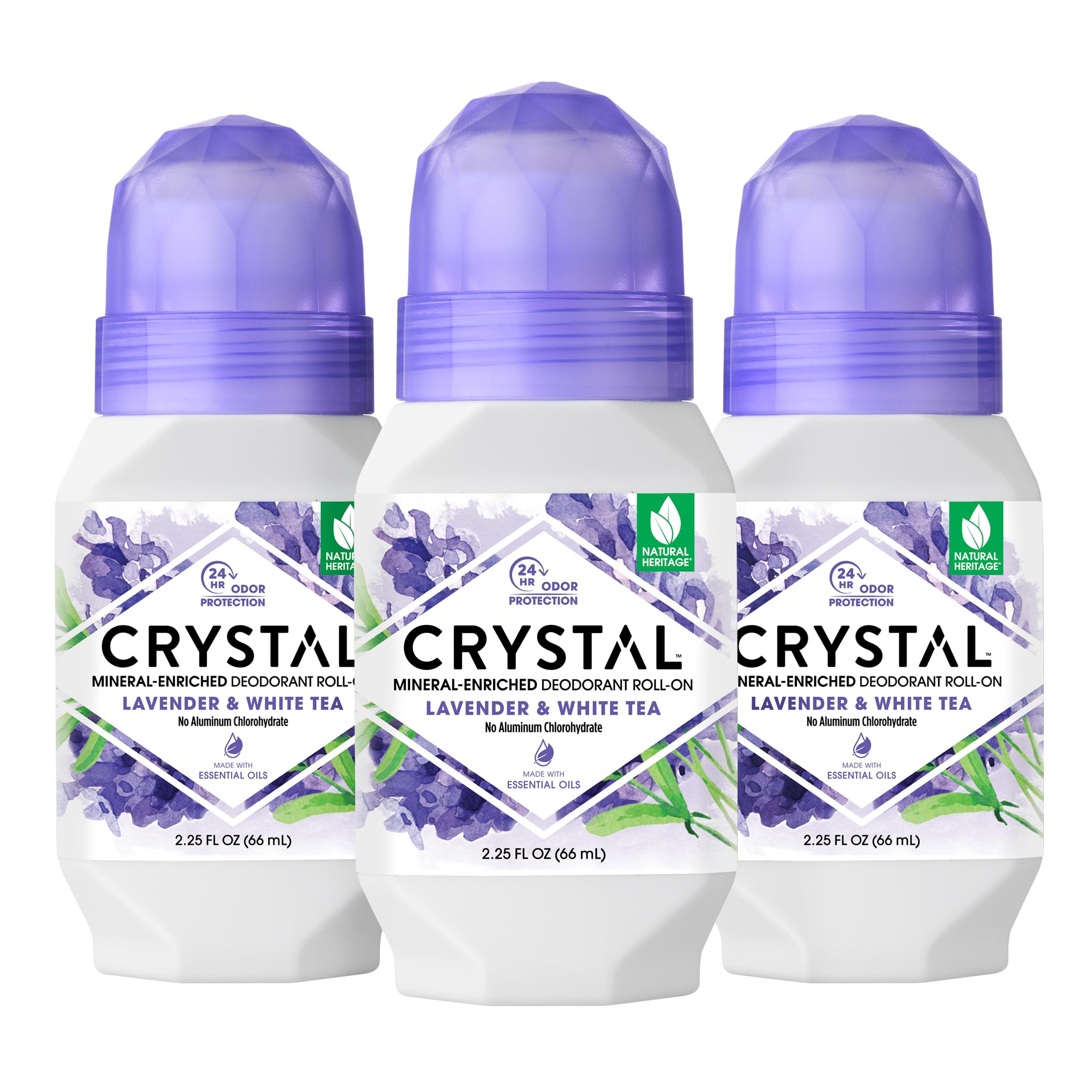 Crystal Essence CRYSTAL mineral deodorant roll-on lavender white tea bottle delivers lasting freshness.