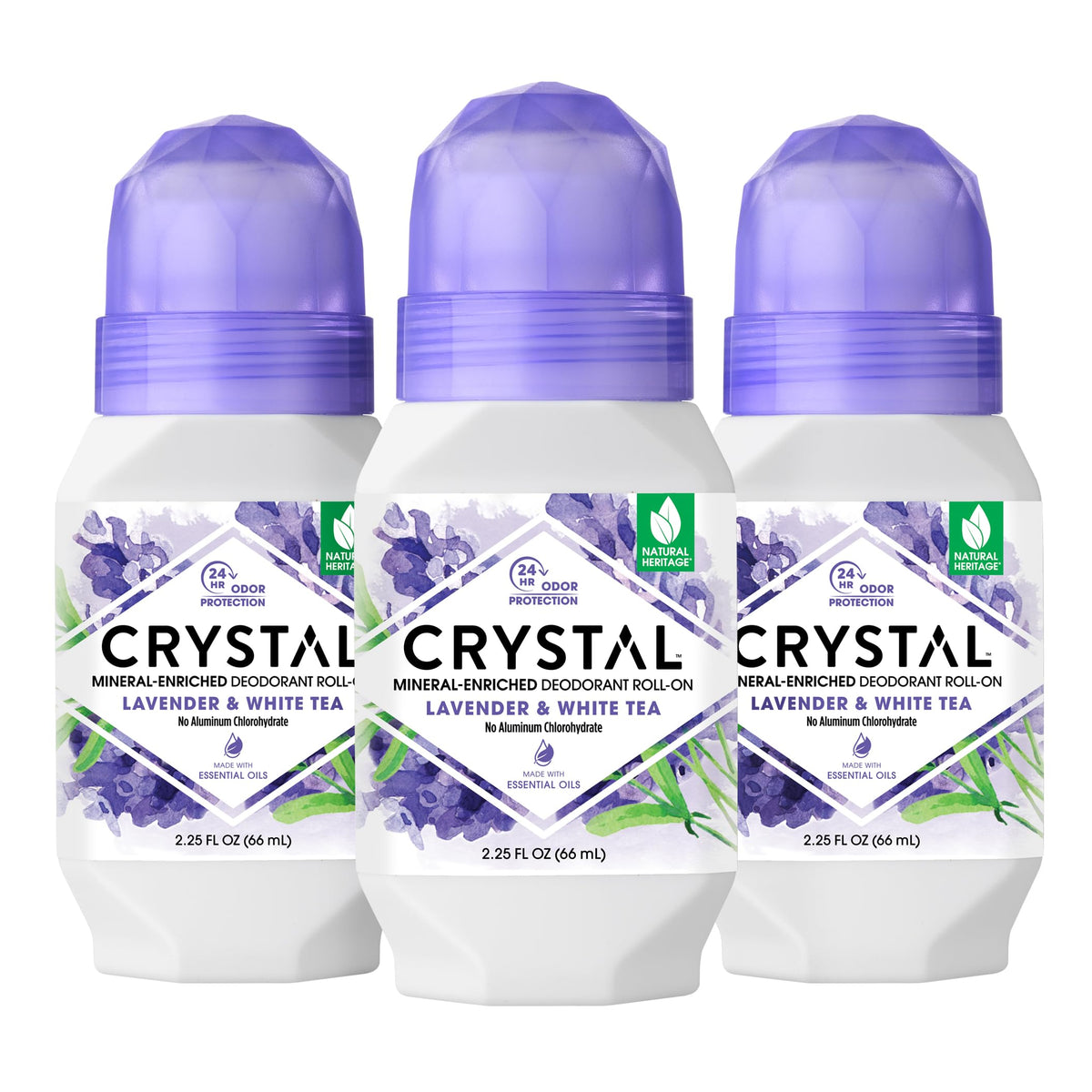 Crystal Essence CRYSTAL mineral deodorant roll-on lavender white tea bottle delivers lasting freshness.