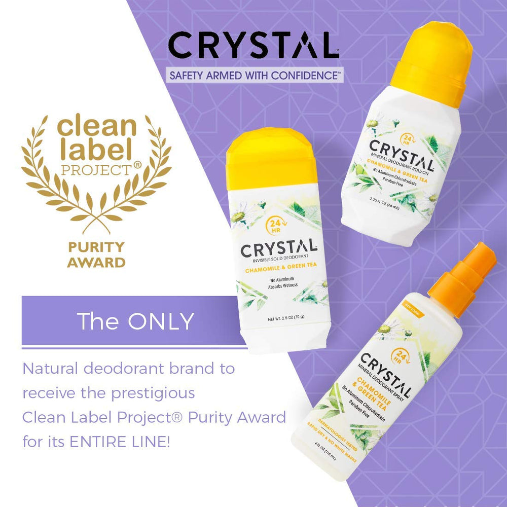 Crystal Essence deodorant spray-mist provides all-over freshness with chamomile and green tea.