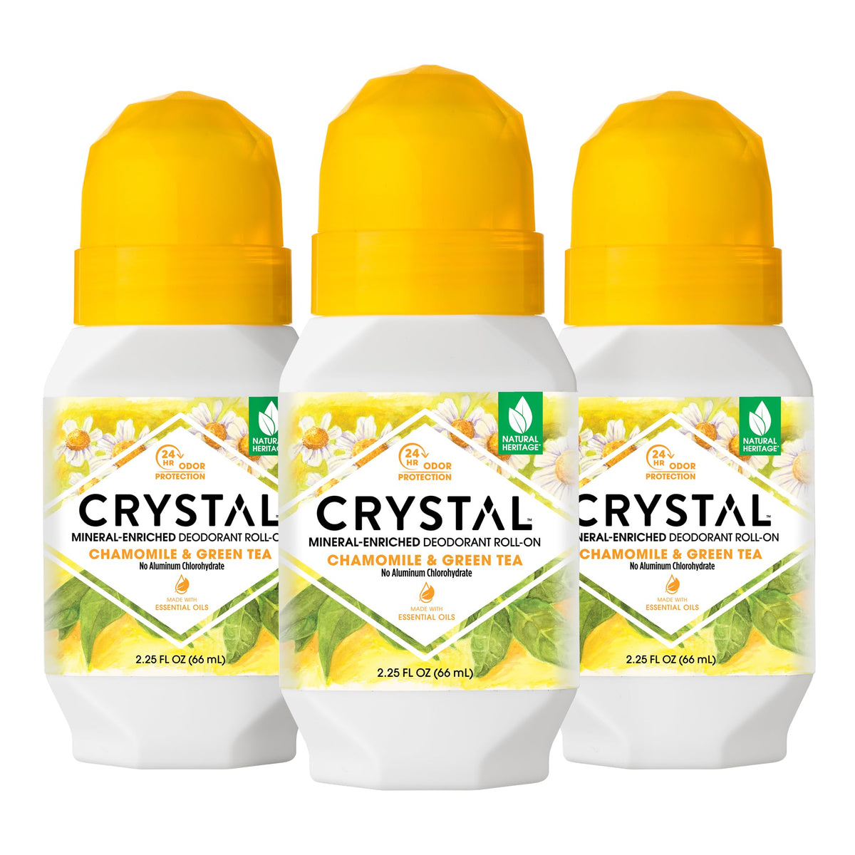 Crystal Essence mineral deodorant roll-on bottle with aluminum-free protection.