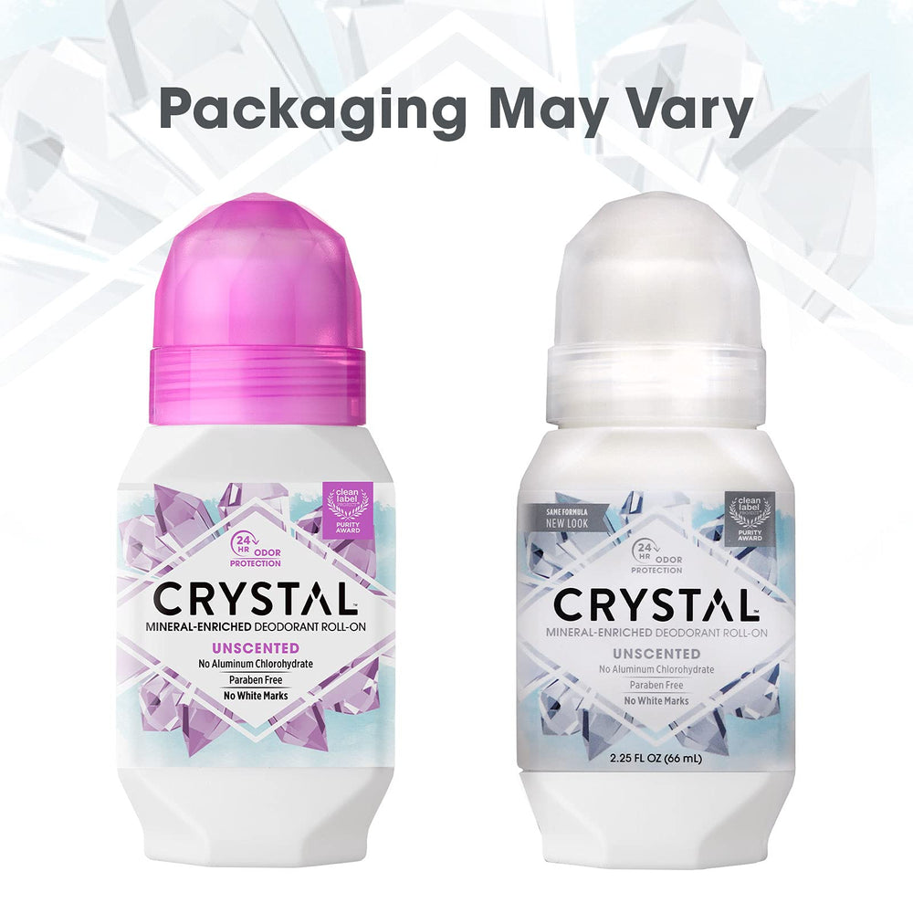 Crystal Essence lavender roll-on application shows clean, residue-free wear with 24-hour protection.