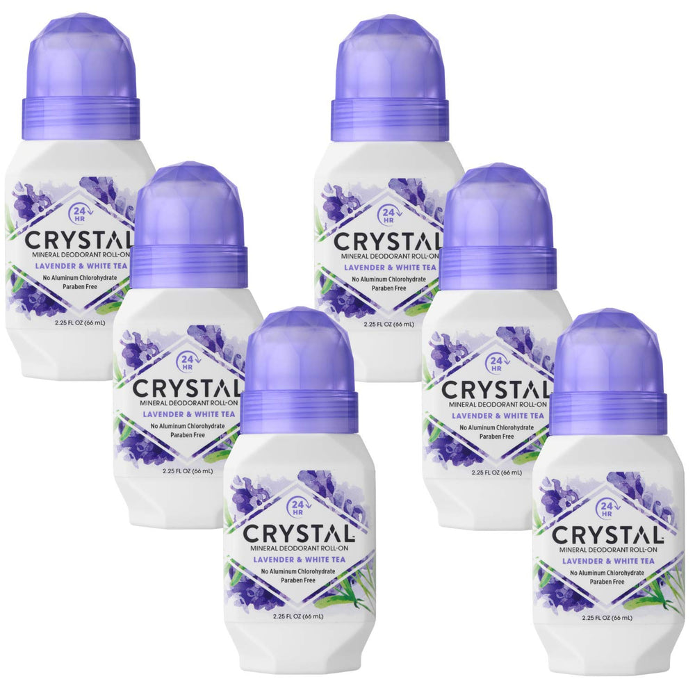 Crystal Essence mineral deodorant roll-on Lavender bottle offers smooth glide and odor control.