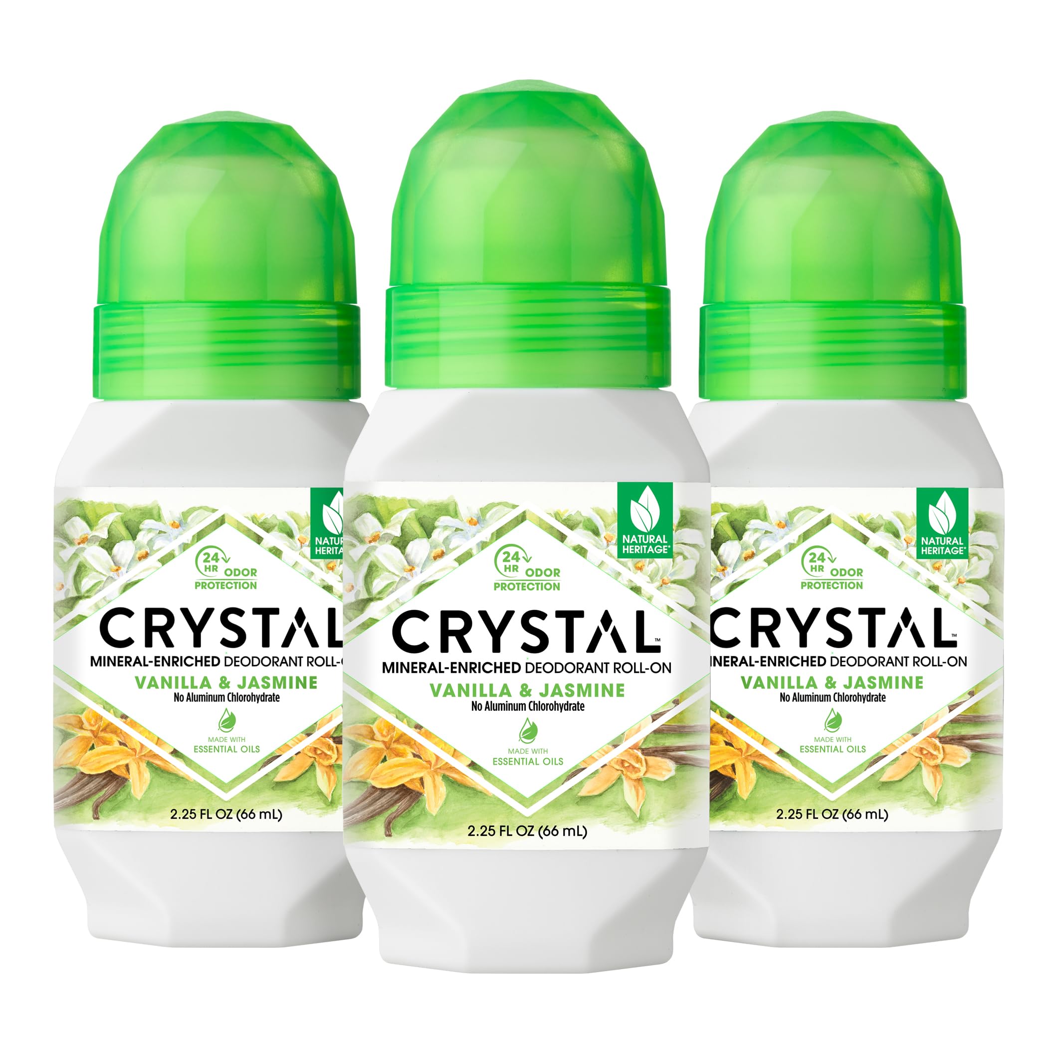 Crystal Essence mineral deodorant bottle close-up highlighting vanilla jasmine scent for all-day freshness
