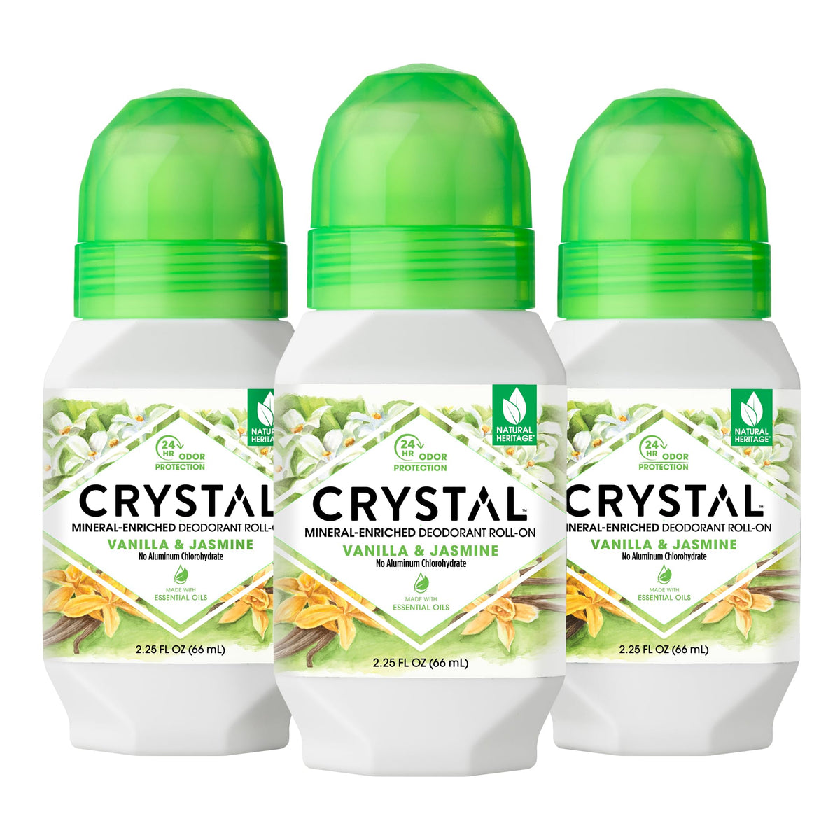 Crystal Essence mineral deodorant bottle close-up highlighting vanilla jasmine scent for all-day freshness