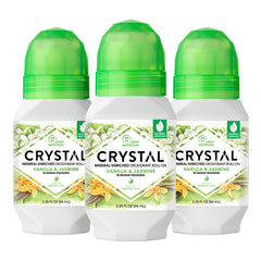 Crystal Essence mineral deodorant bottle close-up highlighting vanilla jasmine scent for all-day freshness