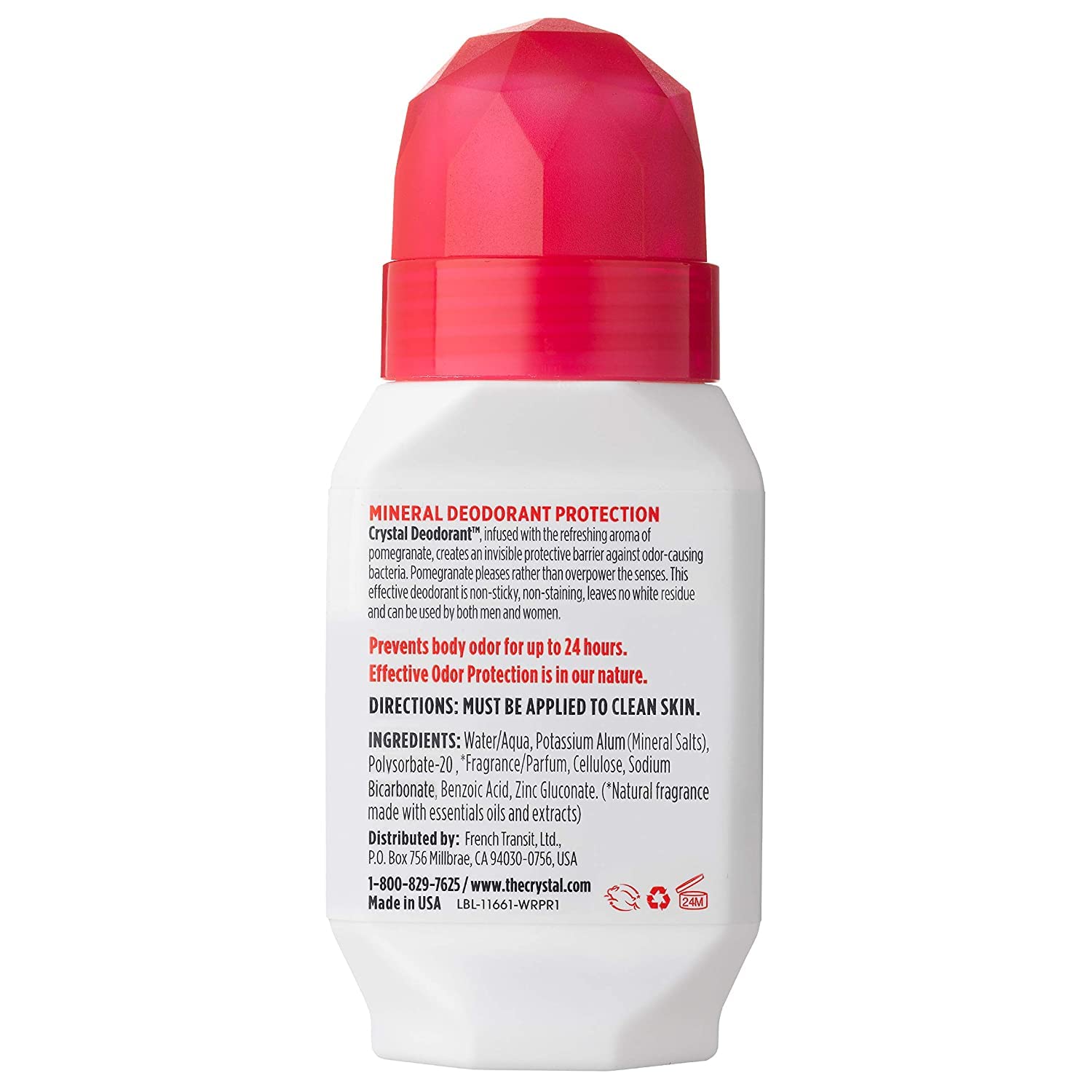 Crystal Essence Pomegranate bottle close-up highlights lightweight, invisible finish.