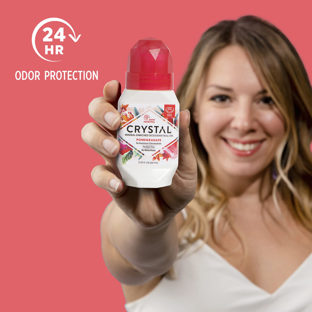 Crystal Essence Pomegranate texture detail emphasizes mineral-based formula for skin safety.