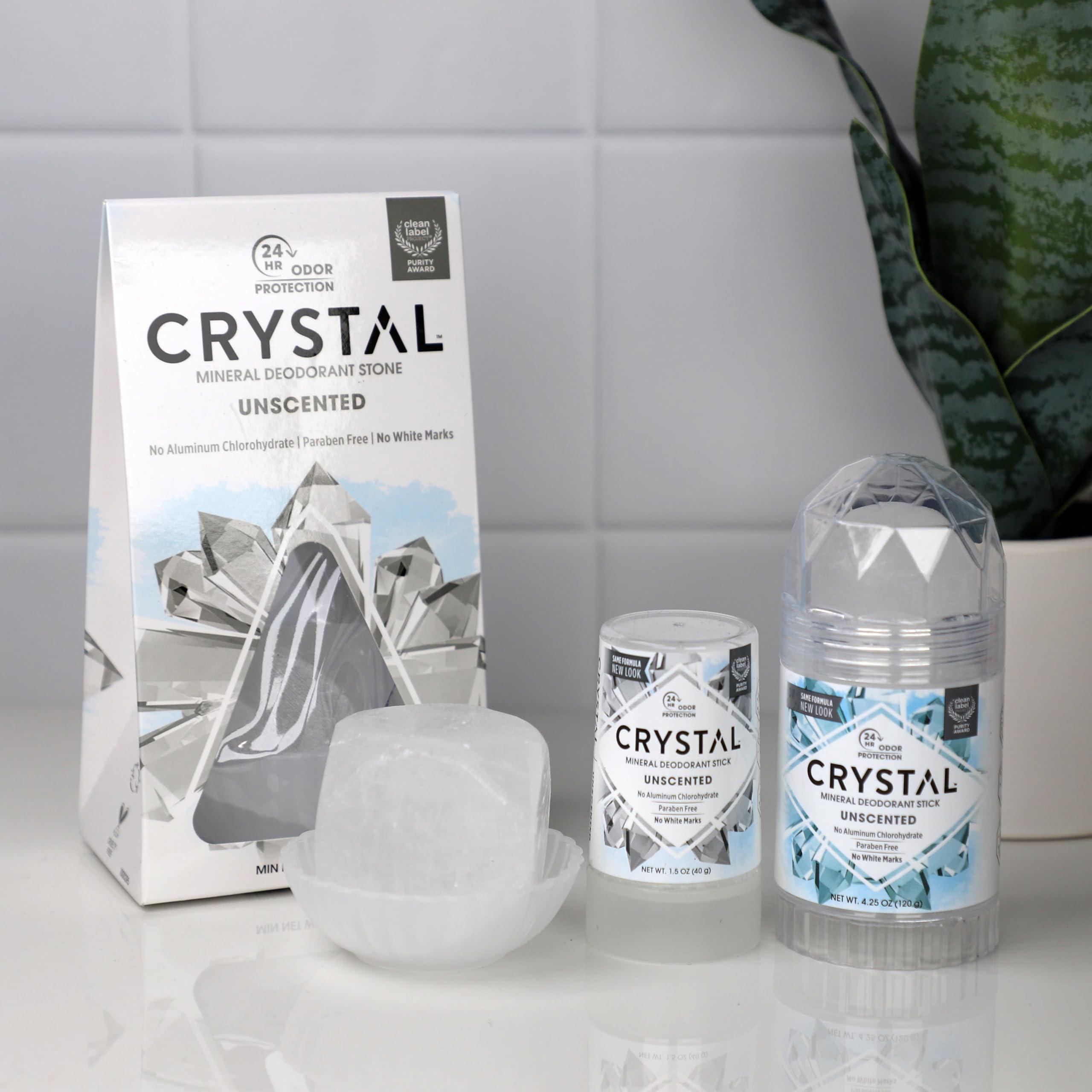 Crystal Essence unscented deodorant stick closeup—hypoallergenic and quick-drying.