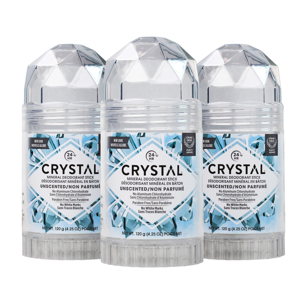 Crystal Essence unscented mineral deodorant stick 3-pack box—natural odor protection all day.