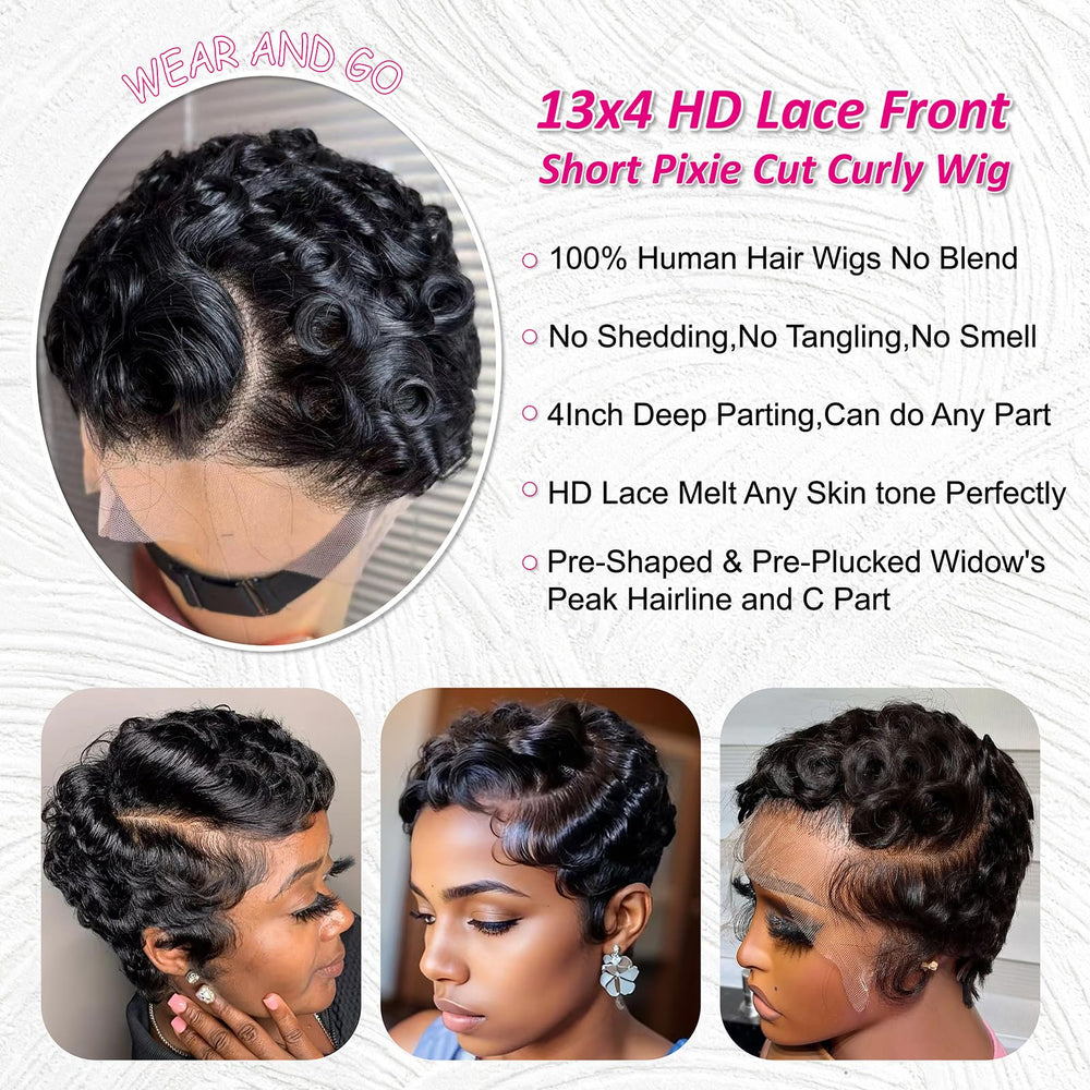 CrystalHair short curly pixie side view highlights versatile styling for work or outings.