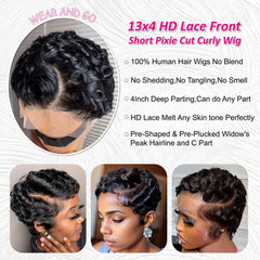 CrystalHair short curly pixie side view highlights versatile styling for work or outings.