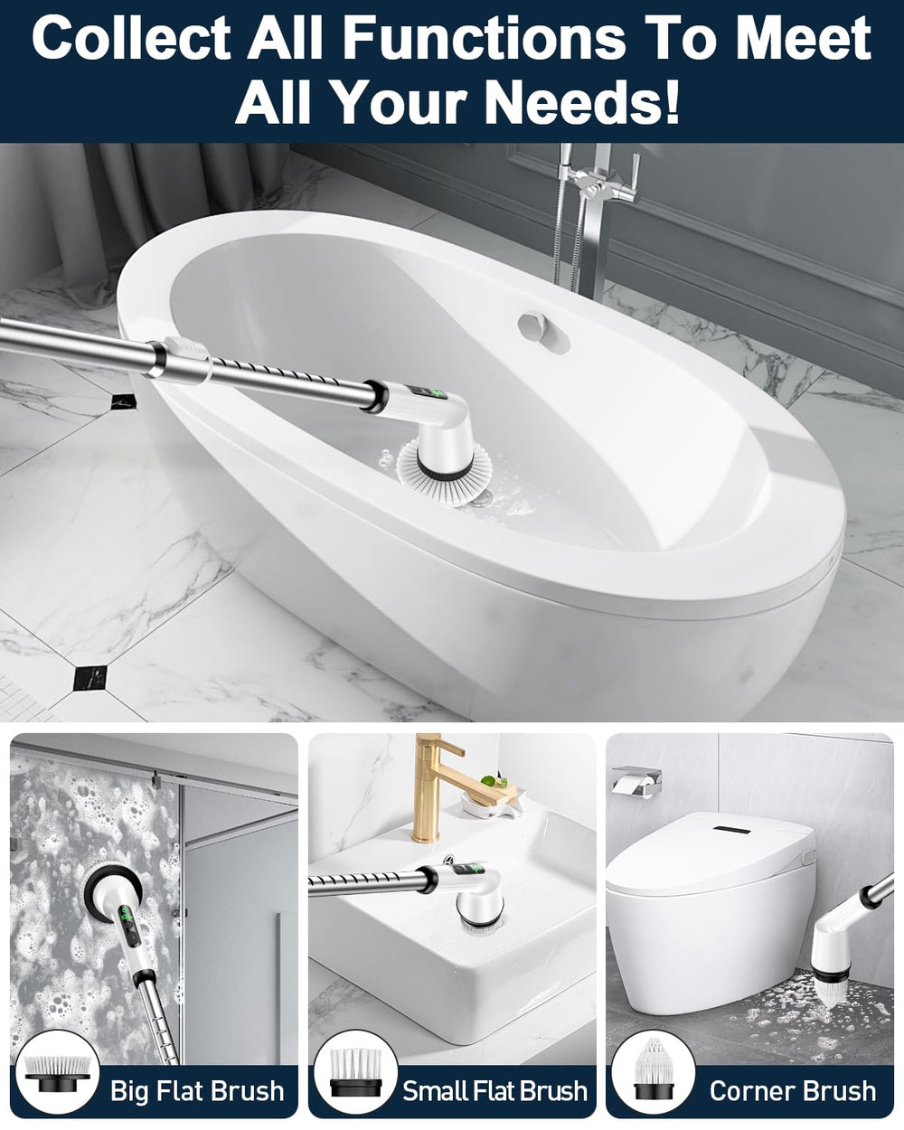 CTMAST three-brush-heads system tackling tiles grout and glass efficiently