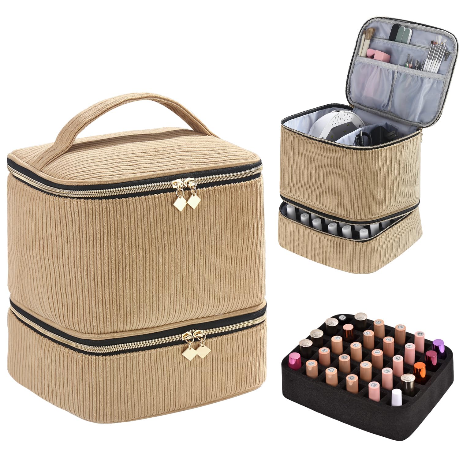 CTWWFS corduroy nail polish organizer upper compartment stores lamp, cord, and files for easy travel.