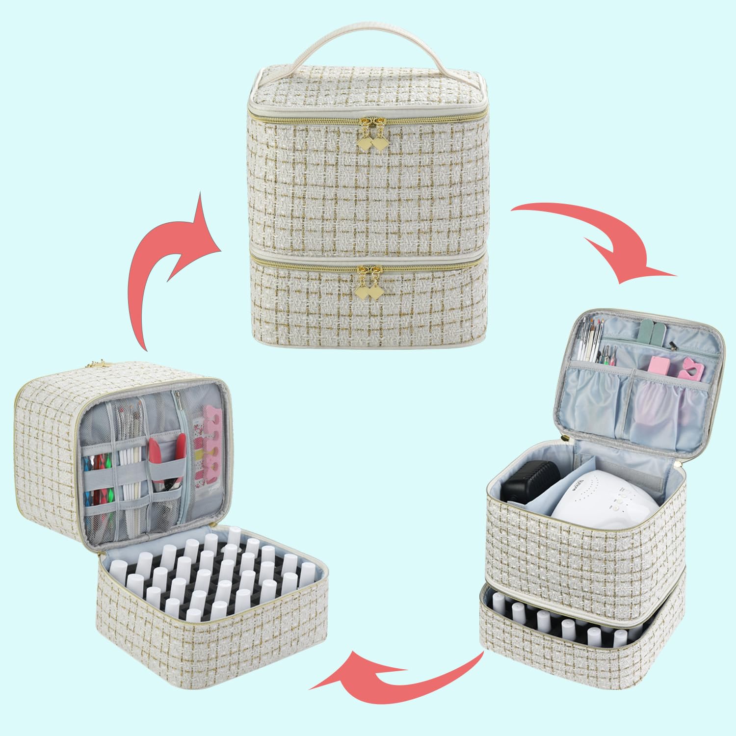 CTWWFS nail-polish-organizer-case bottom compartment holds 30 bottles securely with removable foam insert.