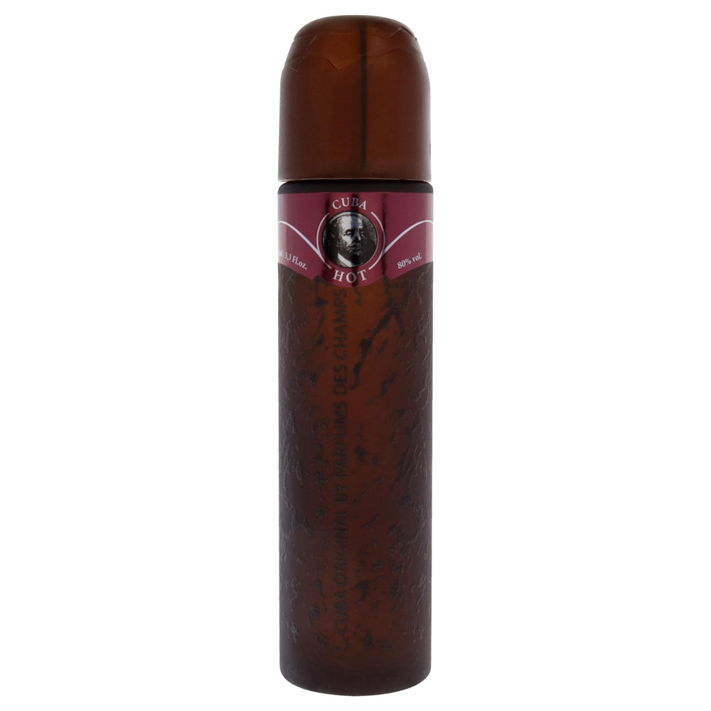 Cuba Hot for Men bottle side view shows sleek, portable design.