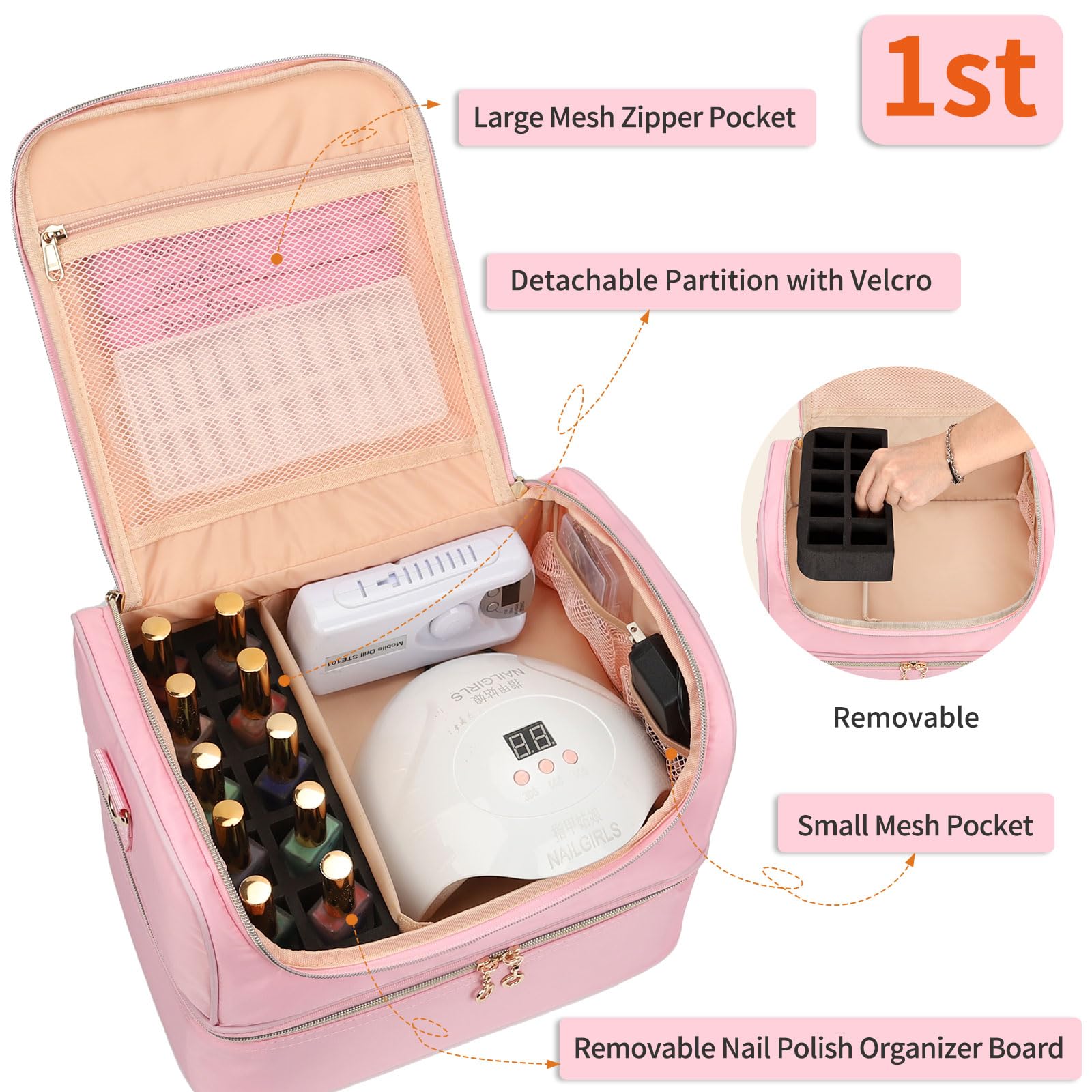 CUBETASTIC double-layer-organizer-nail-case stores tools and bottles neatly.