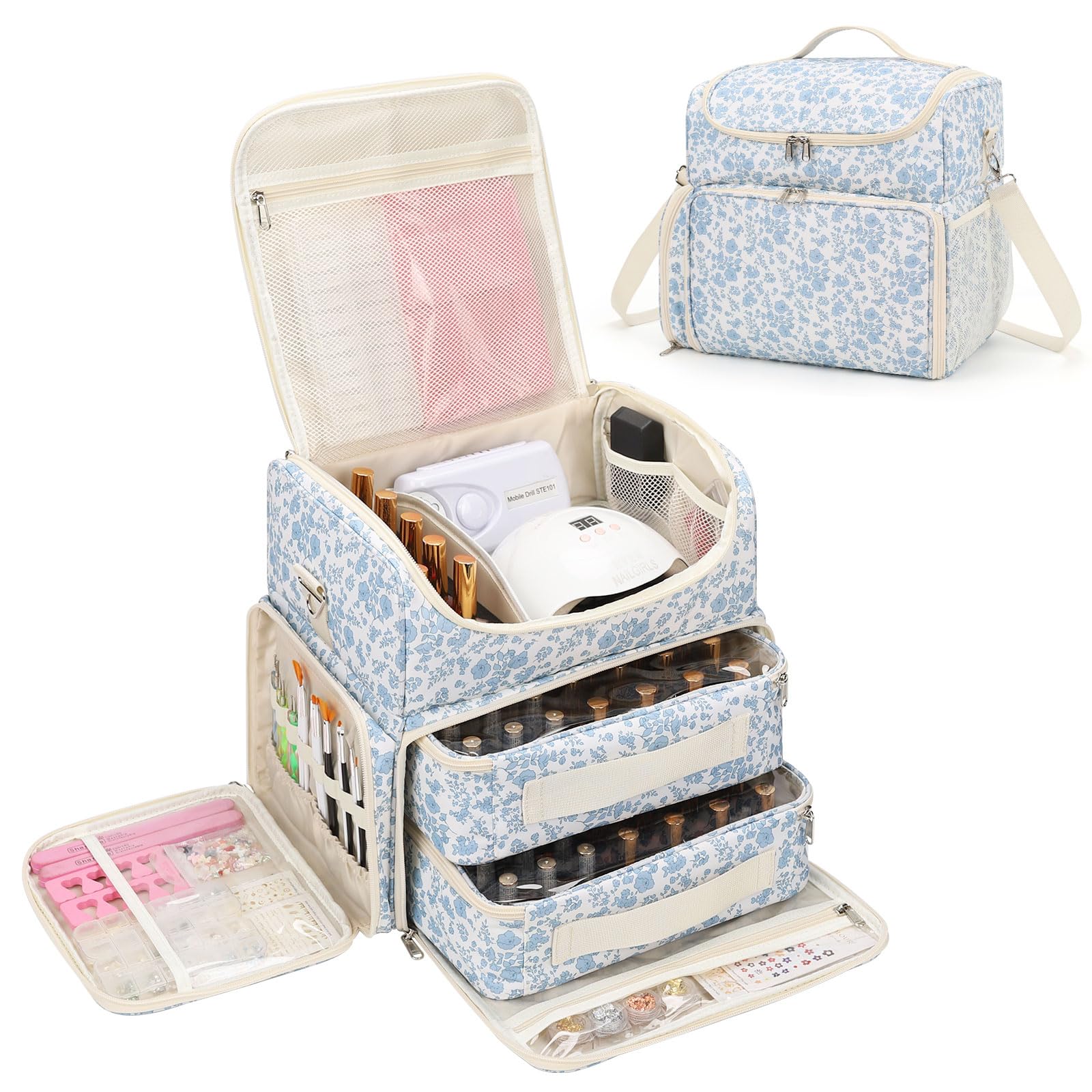 CUBETASTIC blue floral organizer shows 86-slot capacity for tidy storage