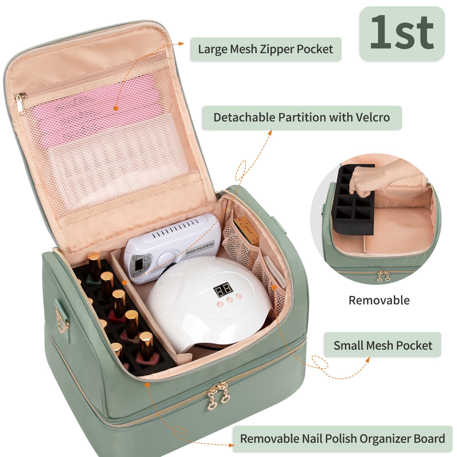 Cubetastic nail-polish-organizer-case open-top-layer shows organized 10-slot tray for quick bottle access.