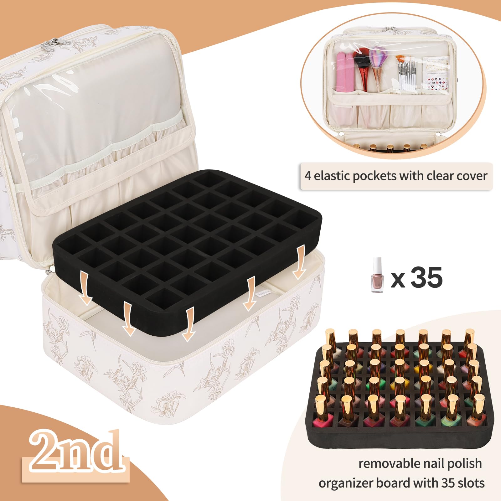 CUBETASTIC Nail Polish Organizer interior compartments featuring the 10-slot board and pockets