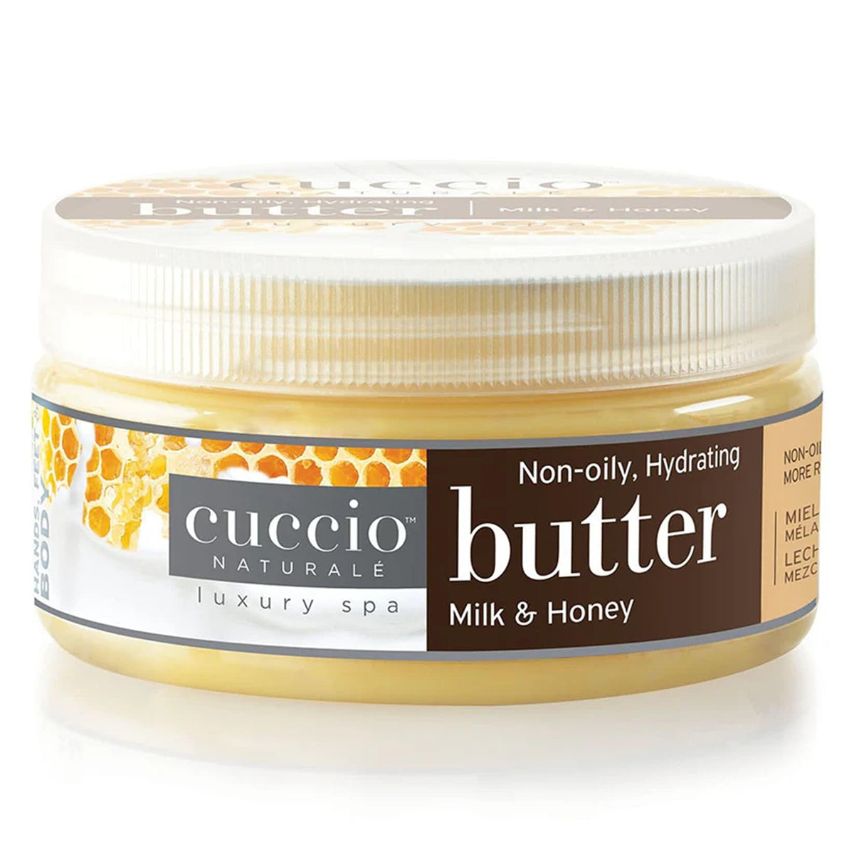 Cuccio Milk & Honey Butter Blend Lotion bottle demonstrates luxurious hydration for silky skin
