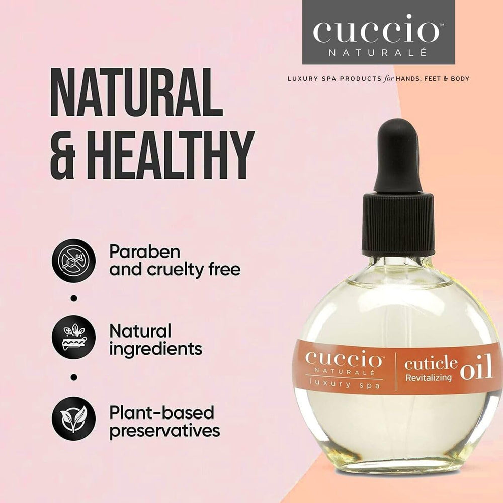 Cuccio Naturale Revitalizing Cuticle Oil bottle and packaging showcasing cruelty-free credentials