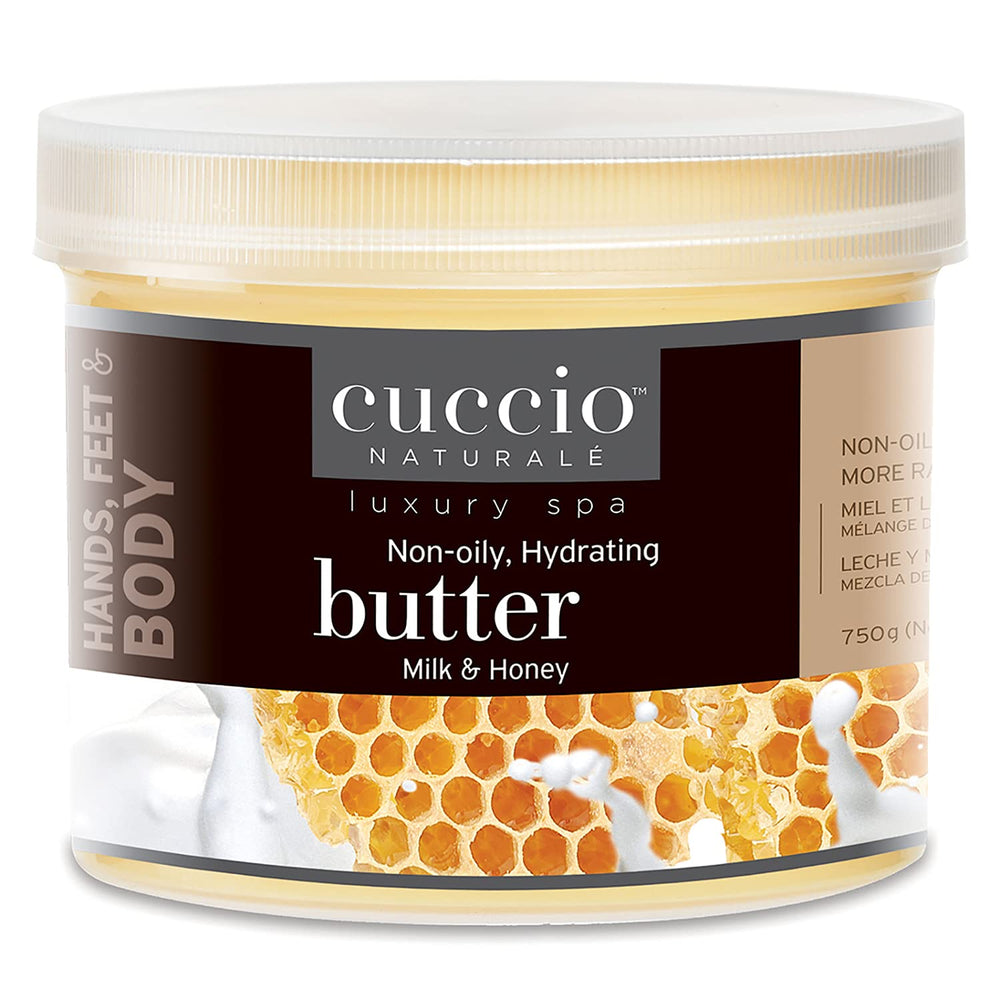 Cuccio Naturale Milk & Honey Butter Blend 26oz jar delivers deep hydration for smooth skin.