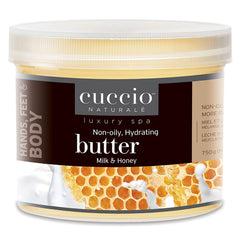 Cuccio Naturale Milk & Honey Butter Blend 26oz jar delivers deep hydration for smooth skin.