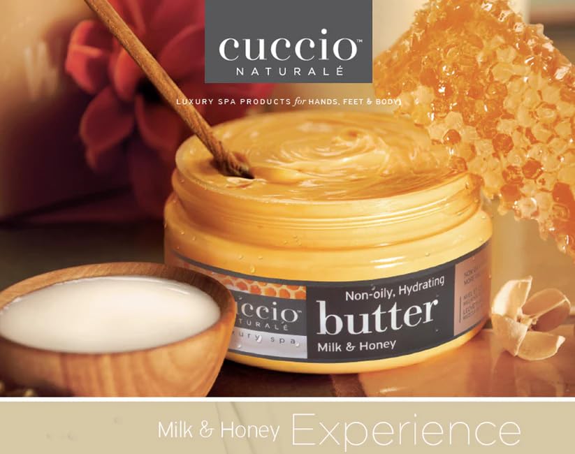 Cuccio Naturale Milk & Honey Butter Blend Lotion application closeup reveals quick-absorb texture for daily use