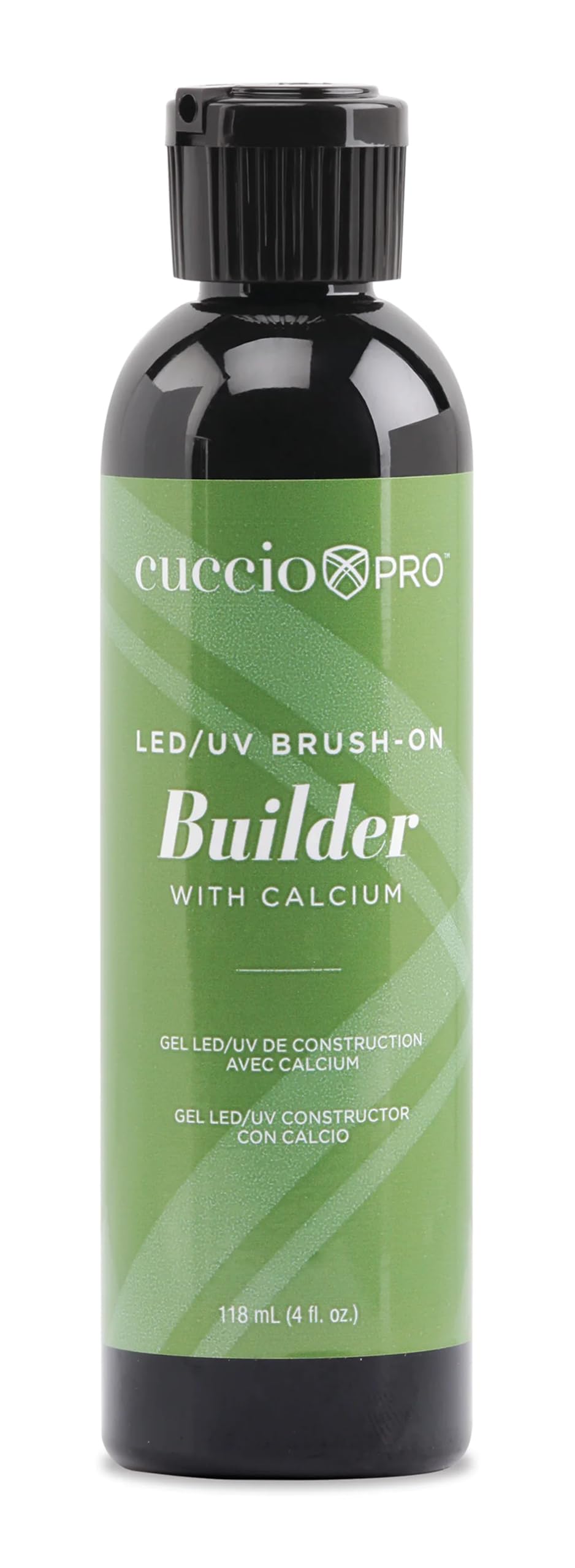 Cuccio Pro Builder Gel calcium bottle closeup showing strength-building properties.