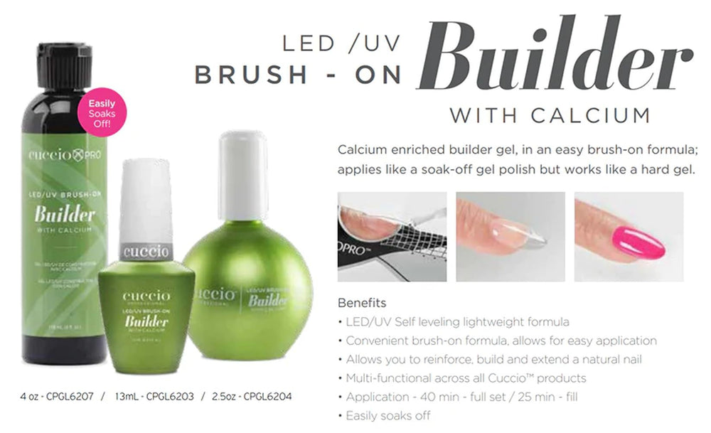 Cuccio Pro Builder Gel calcium soak-off removal preserves natural nails.