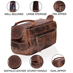 Cuero buffalo leather dopp kit interior layout for organized packing on travel