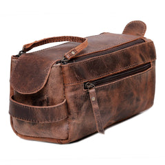 Cuero premium buffalo leather toiletry bag closeup showing rich patina and texture