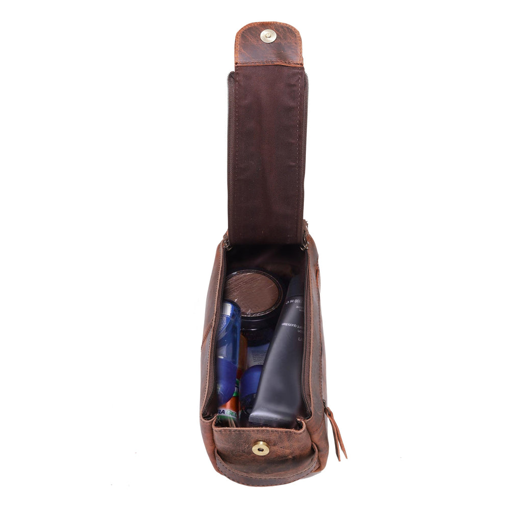 Cuero leather travel organizer in action for cosmetics and grooming essentials