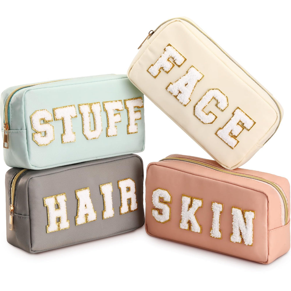 Cunno 4-piece cream makeup bags with chenille patches for organized travel