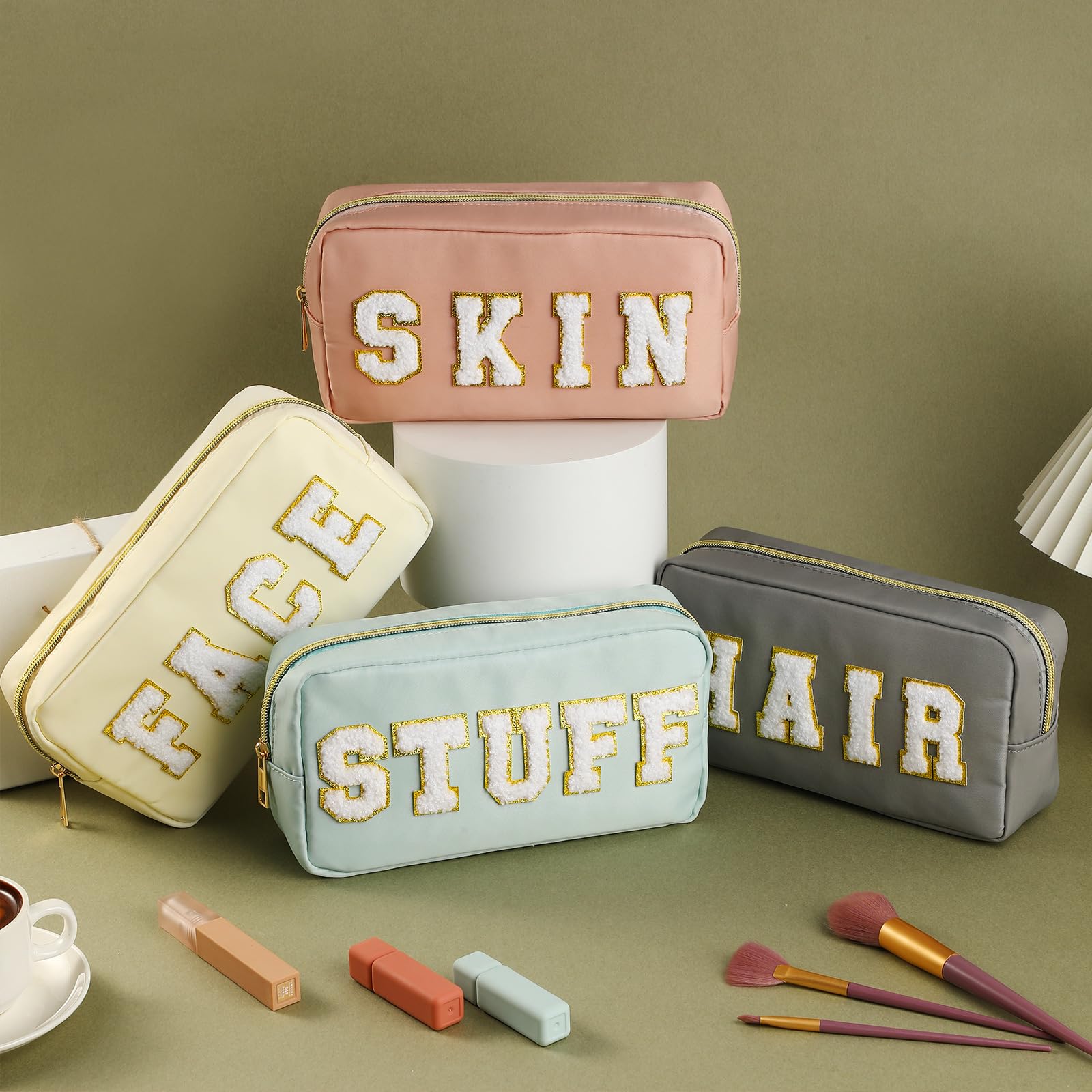 Cunno close-up of durable chenille patches on makeup bags
