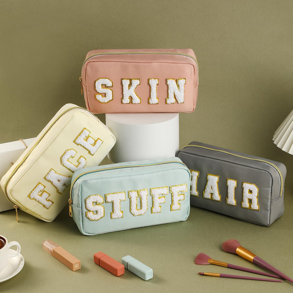 Cunno close-up of durable chenille patches on makeup bags