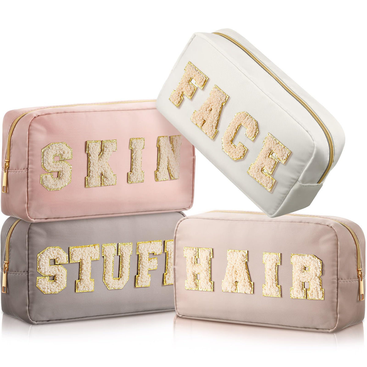 Cunno four-piece makeup bag set with chenille patches for organized travel