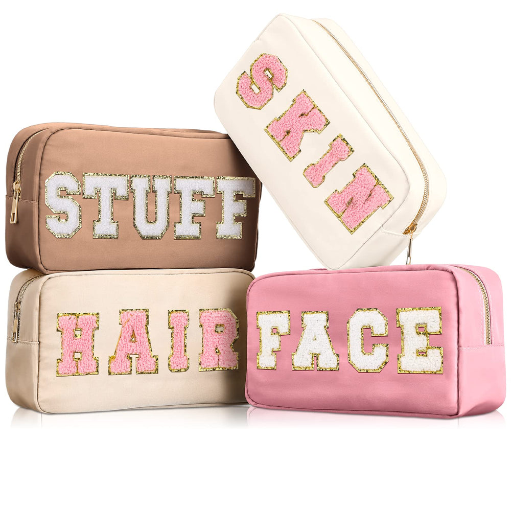 Cunno preppy makeup bags front view with chenille letters for stylish organization.