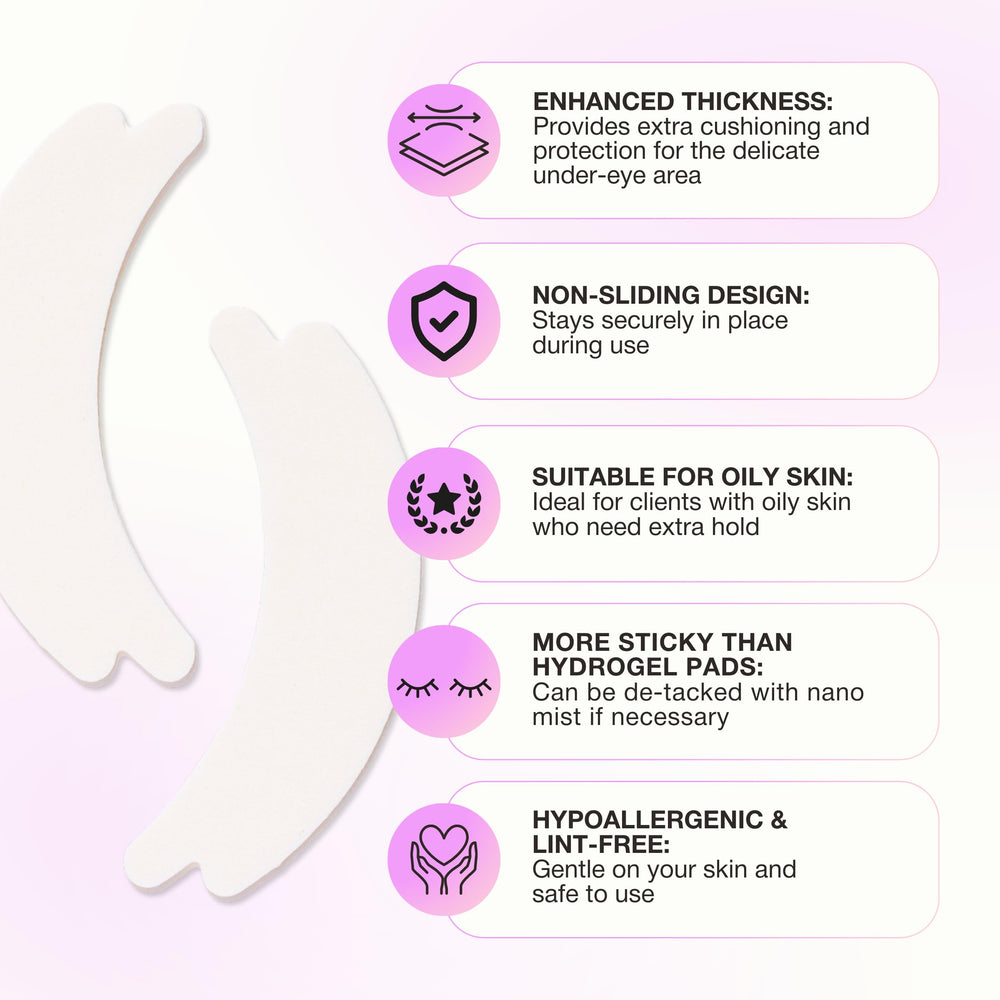 Curacoro double foam eye pad under-eye application demonstrates gentle cushioning during lash extensions