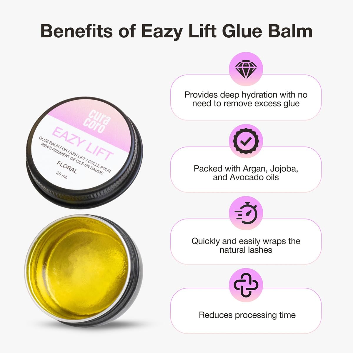 CURACORO Eazy Lash Lift Glue Balm seals moisture for hydrated lashes during lift.