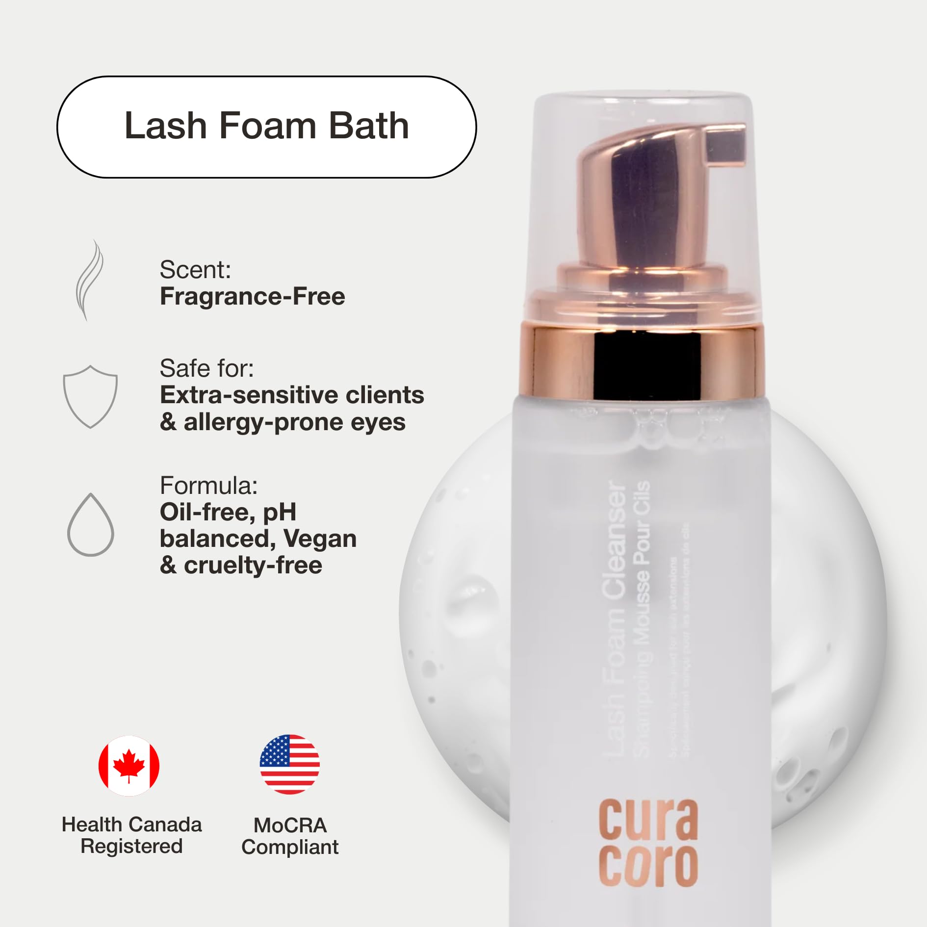 CURACORO eyelash cleanser label closeup—premium professional grade cleanser for lash extensions
