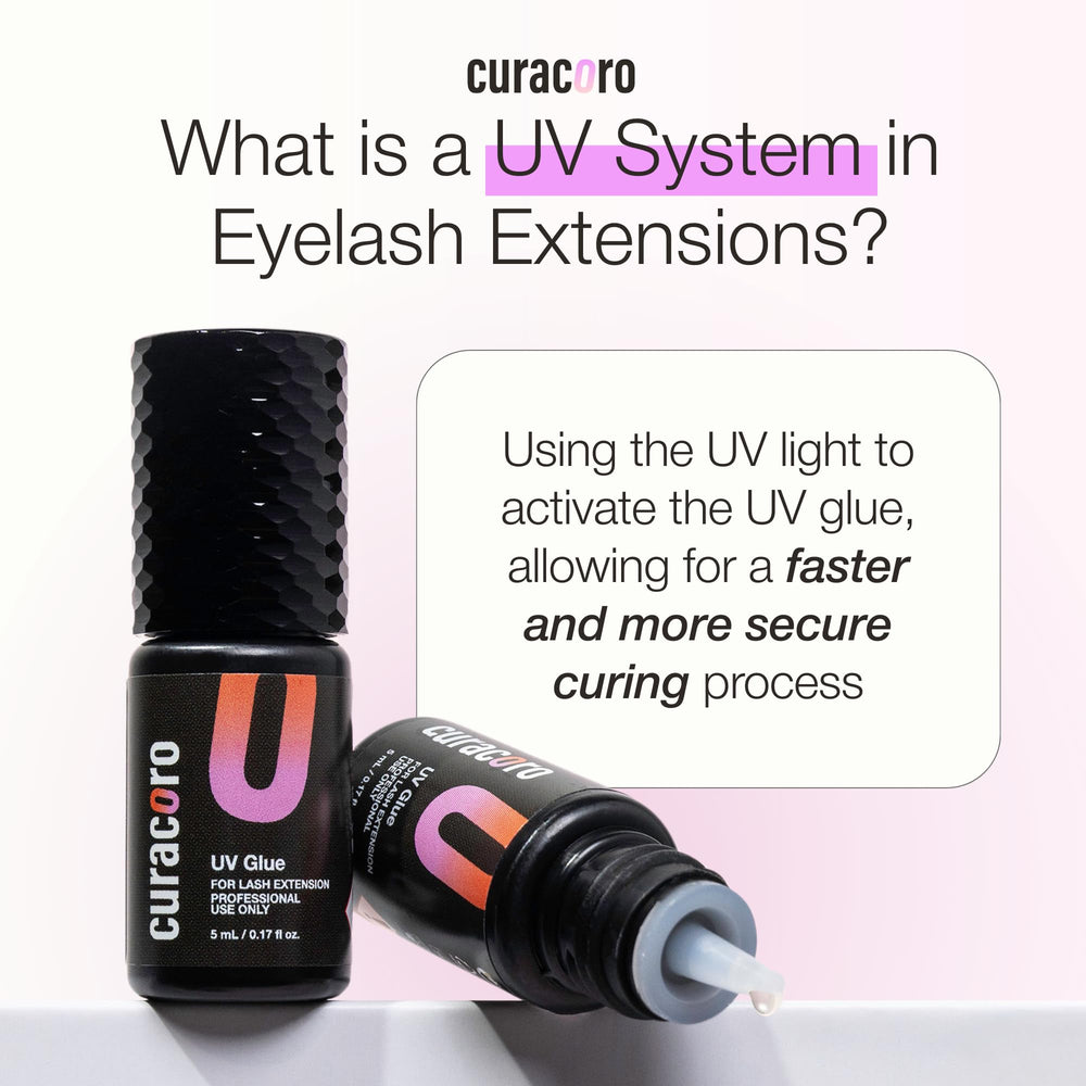 Curacoro UV eyelash glue application setup for precise lash extensions.