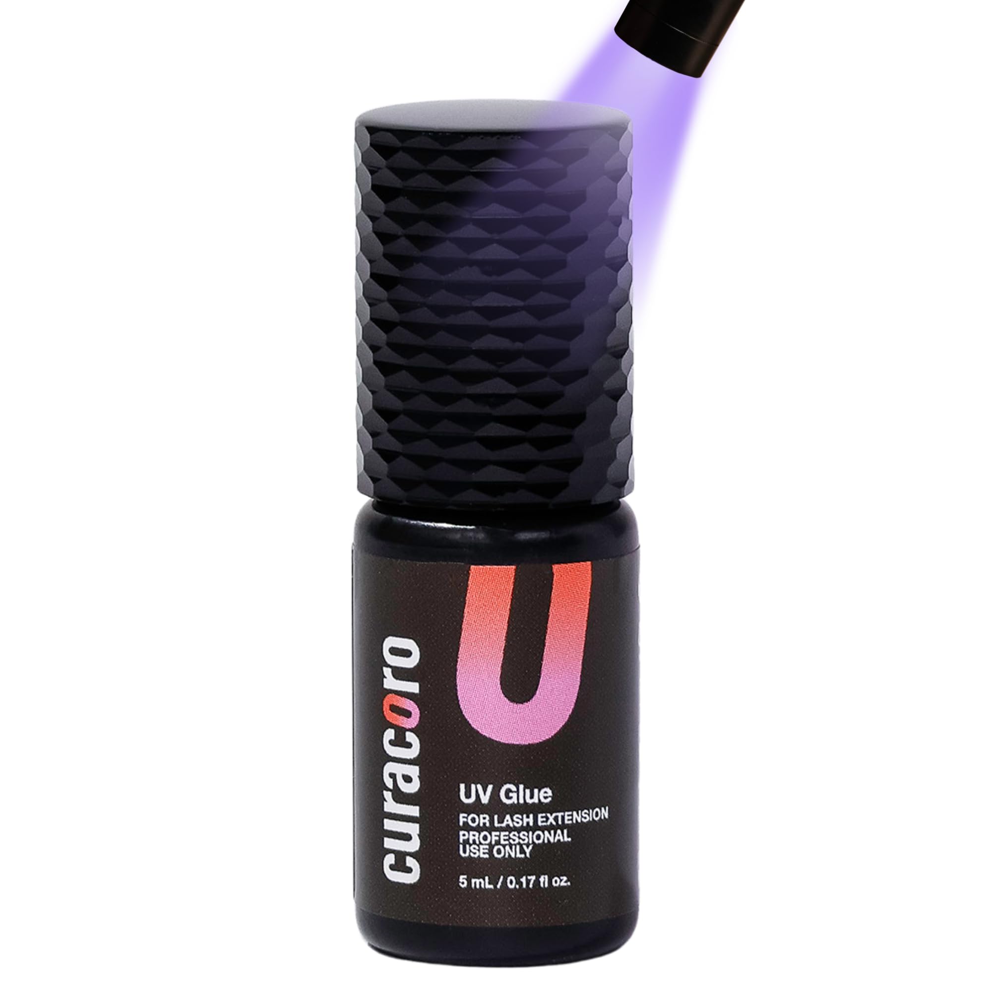 Curacoro UV eyelash glue clear bottle highlighting fast-dry formula for professionals.