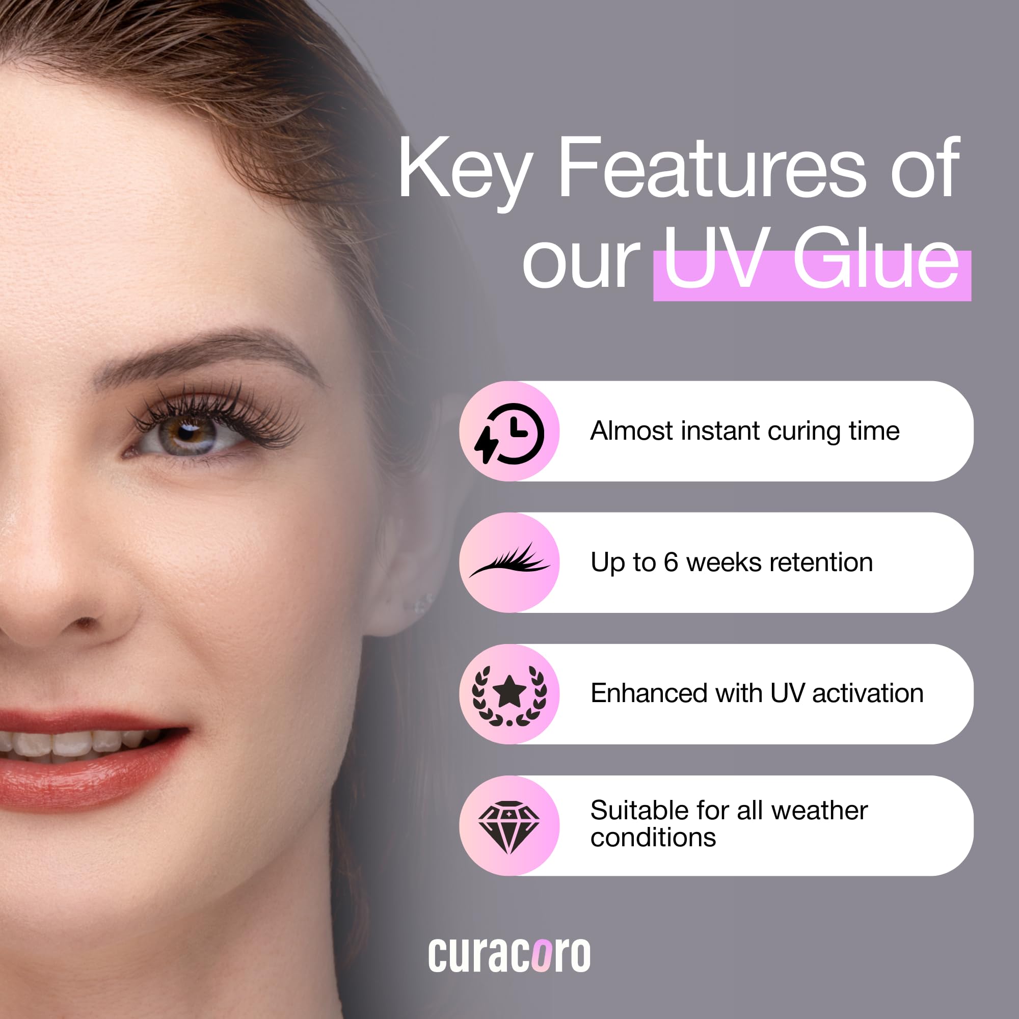 Curacoro UV eyelash glue UV light cure demonstrates instant bonding.
